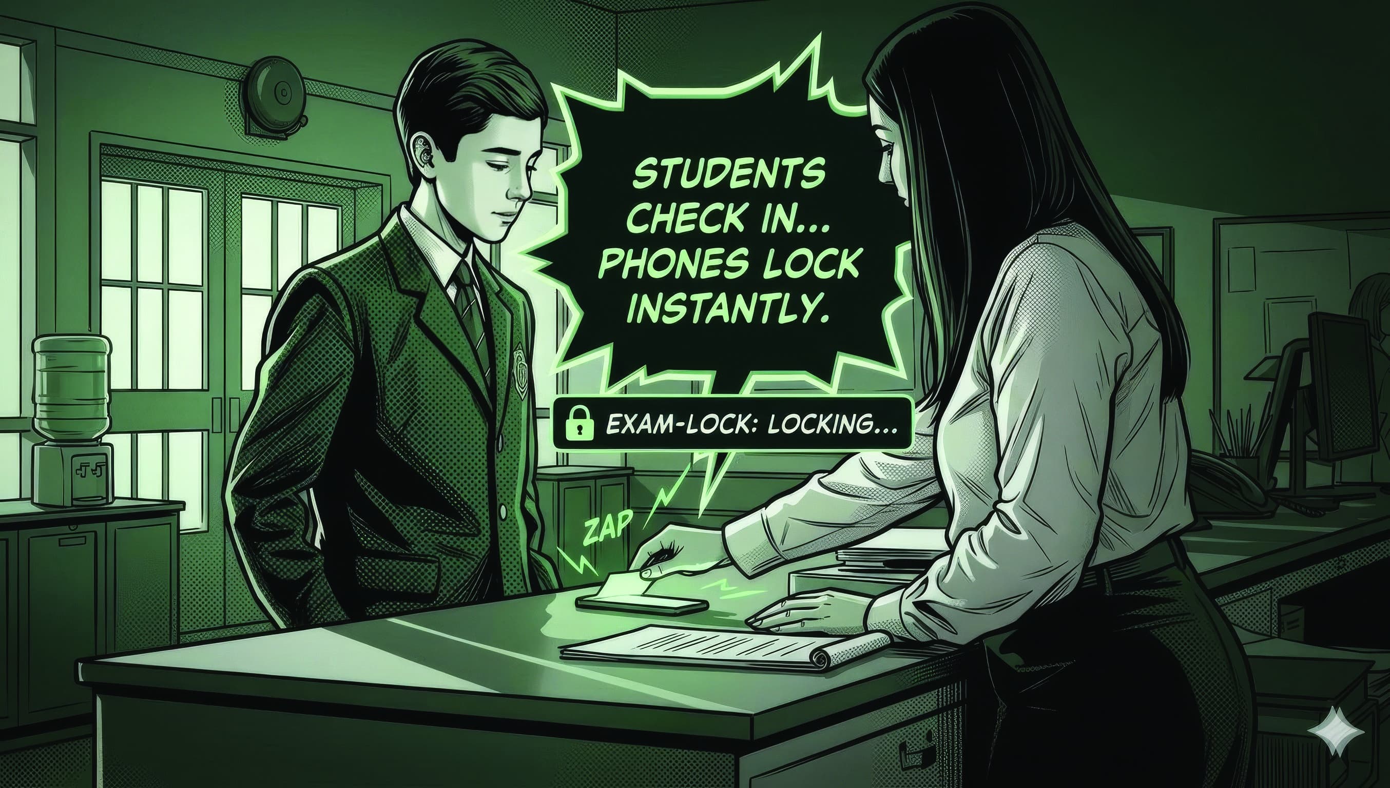 A student tapping an NFC card at reception to lock their phone