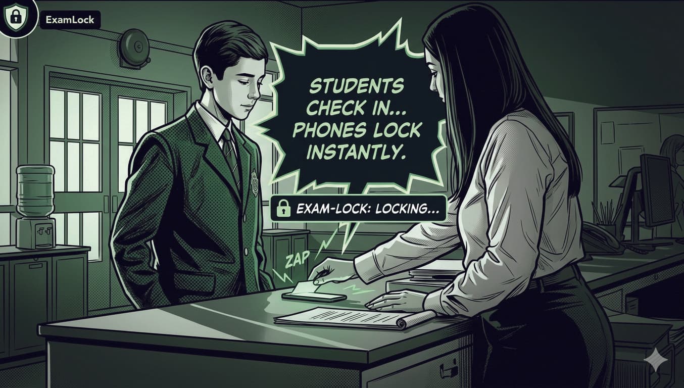 A student checking in for an exam while ExamLock locks their phone